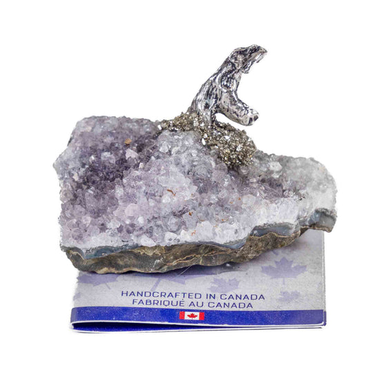 Amethyst Cluster with Bear with Fish metal figurine