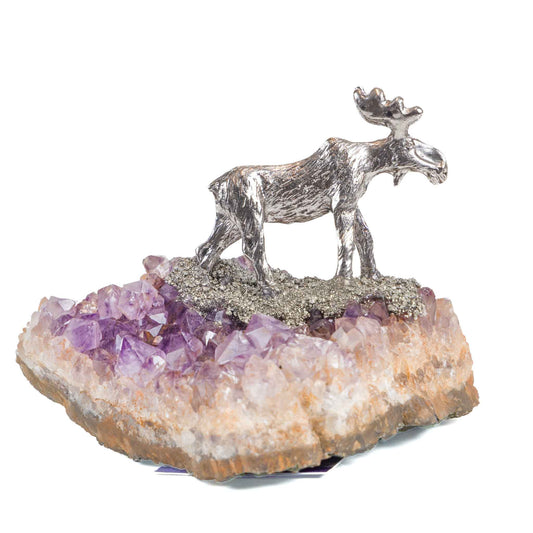 Amethyst Cluster with Canadian Moose metal figurine - XL