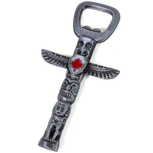 Canada Bottle Opener - Totem Pole with Maple Leaf - Silver