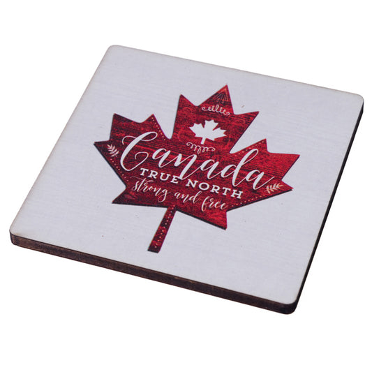 Canada True North on Red Maple Leaf - Wooden Coaster