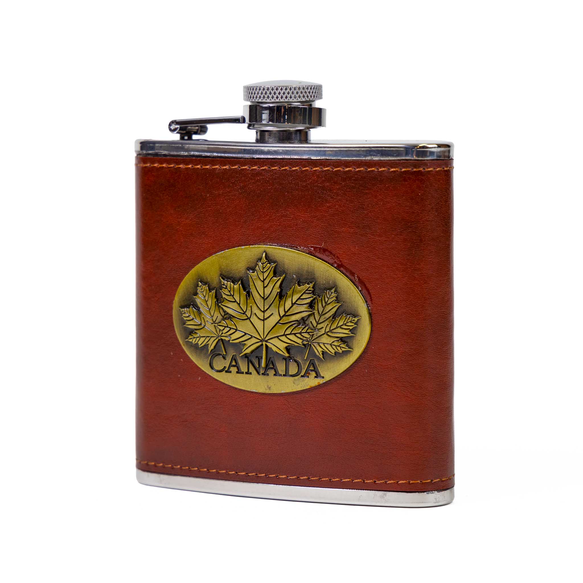 Canada with Maple Leaves Leather Flask - 6oz Front view