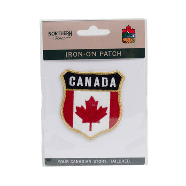 Canadian Flag Shield Iron-On Patch Packaged