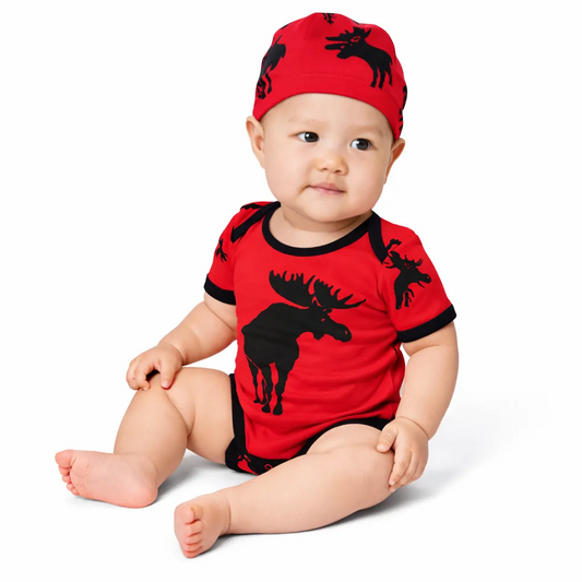 Canadian Moose on Red Baby Bodysuit and Hat Set