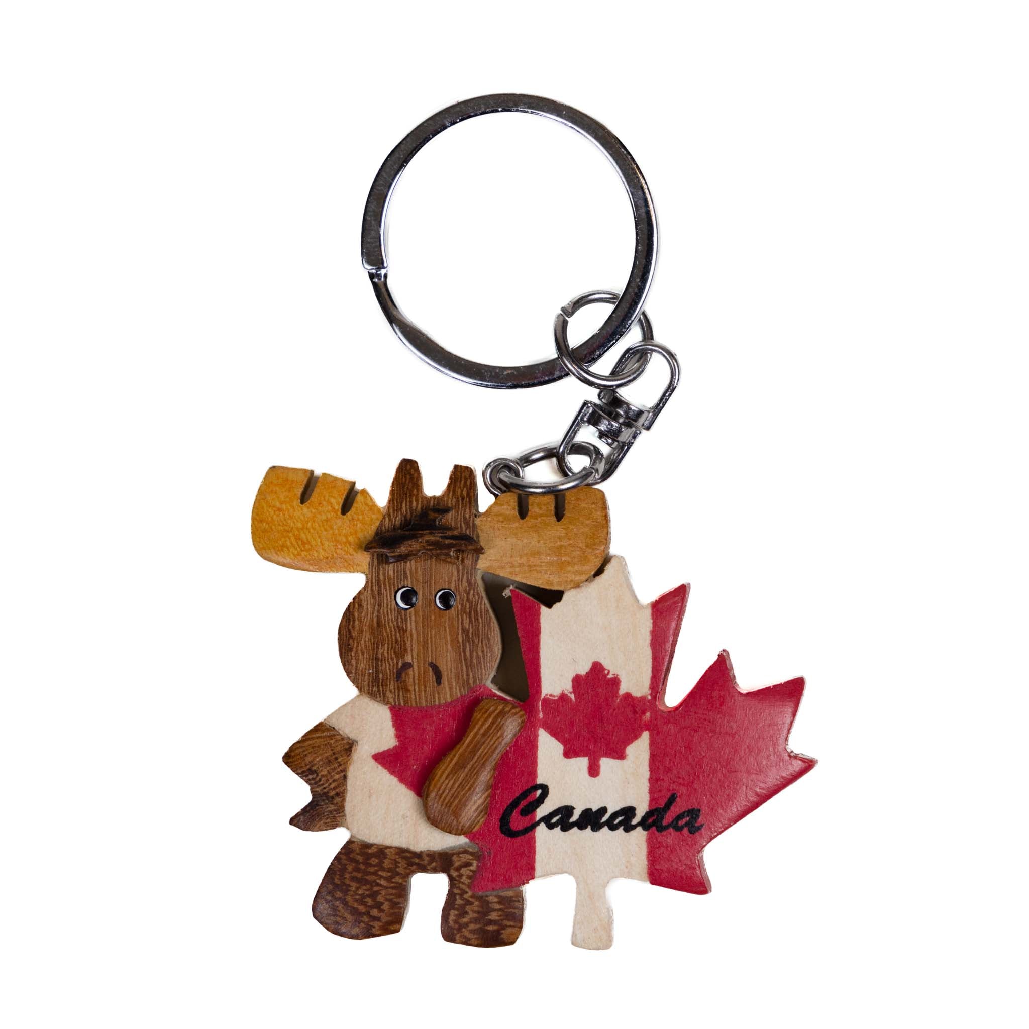 Canadian Moose Wooden Keychain with Canadian Flag