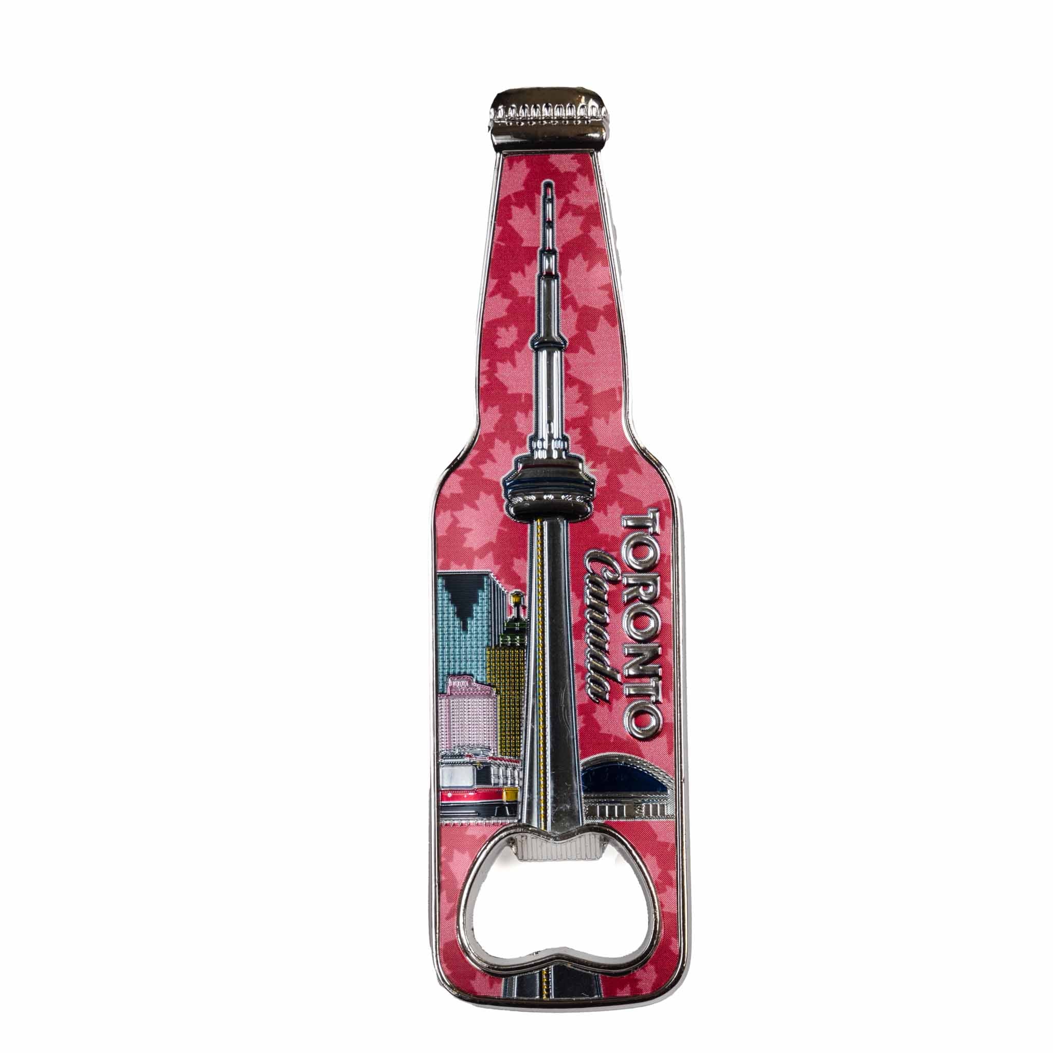 Metal Magnet Bottle Opener - CN Tower on Red Maple Leaf