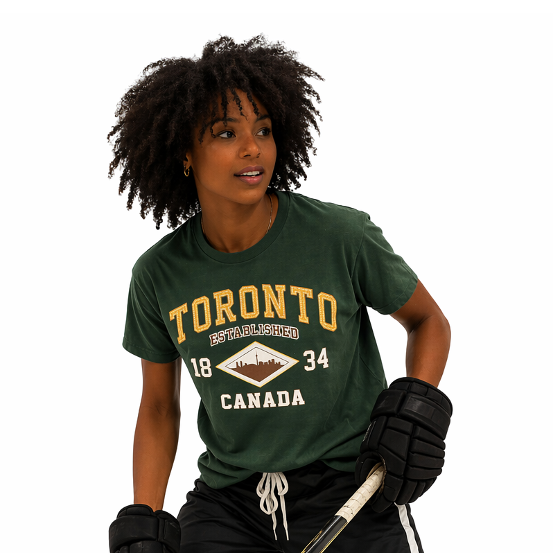 Toronto Canada Established 1834 Vintage Skyline Graphic T-Shirt female model