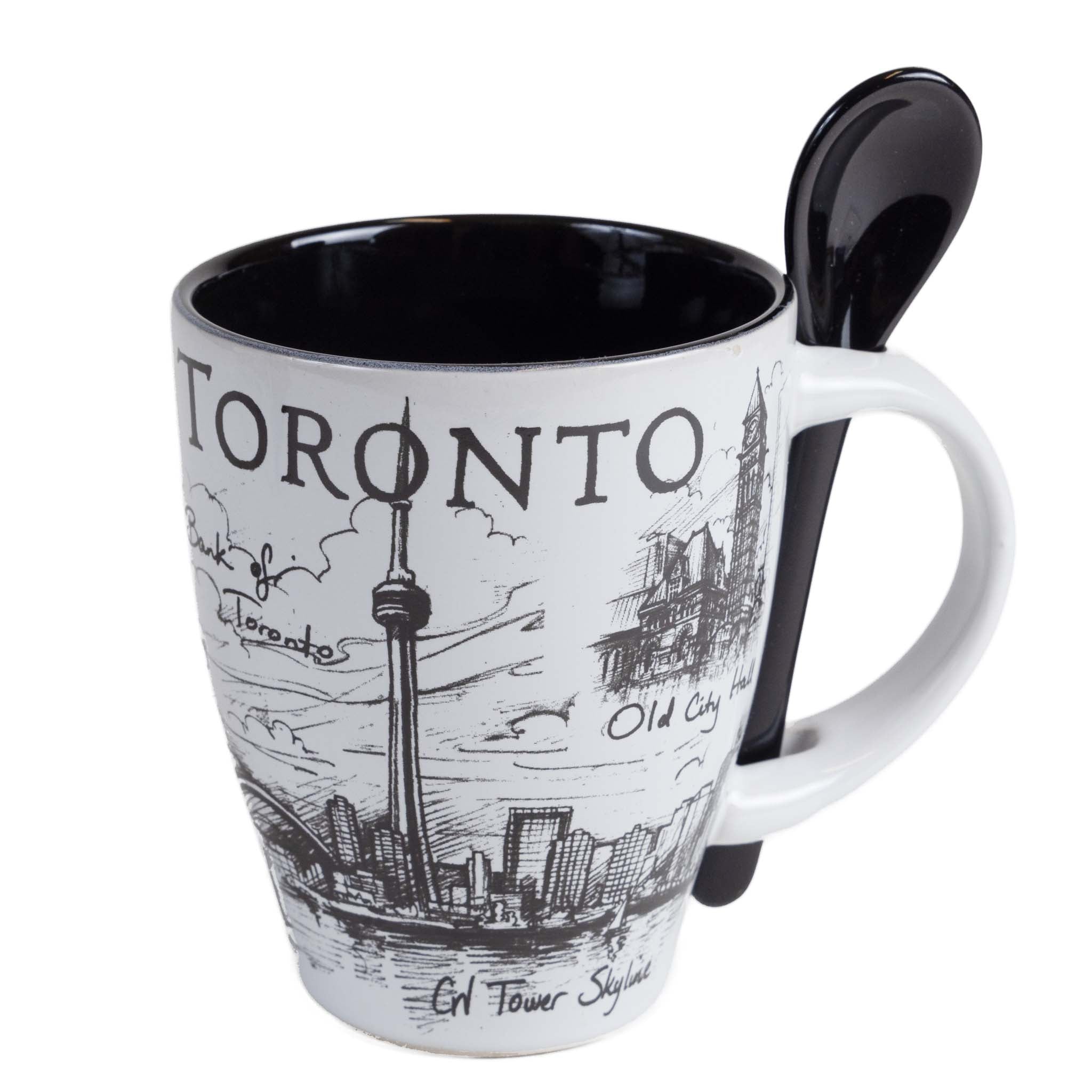 Toronto CN Tower Mug & Spoon Set - Black and White - 10oz Front view