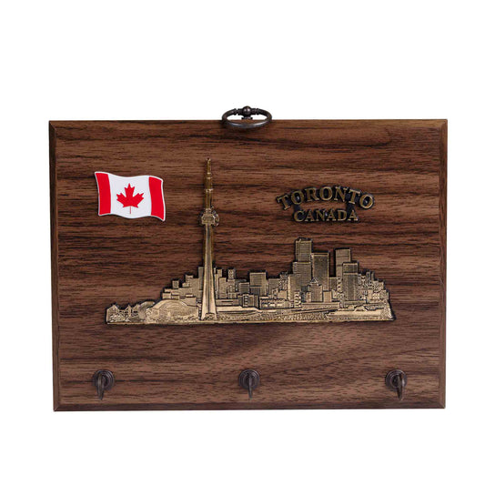 Toronto Skyline Wall Plaque with Keyholder - Hickory Finish - 8 x 6 inches