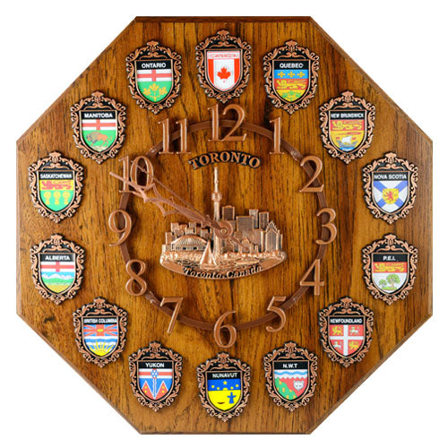 Toronto Skyline Wooden Wall Clock - Canadian Provinces Emblems - 12 x 12 inches