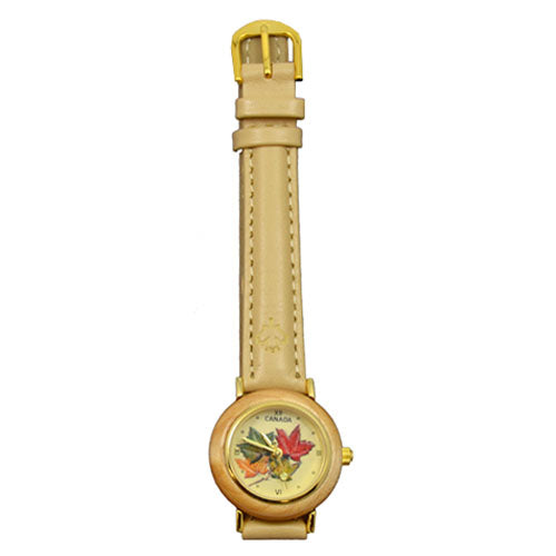 Canada Wooden Watch with Maple Leaf Design and Leather Strap in Beige - 25mm