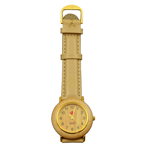 Canada Wooden Watch with Maple Leaf Icon and Leather Strap in Beige - 25mm