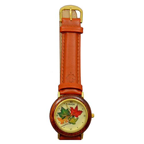 Canada Wooden Watch with Maple Leaf Design and Leather Strap in Brown - 35mm