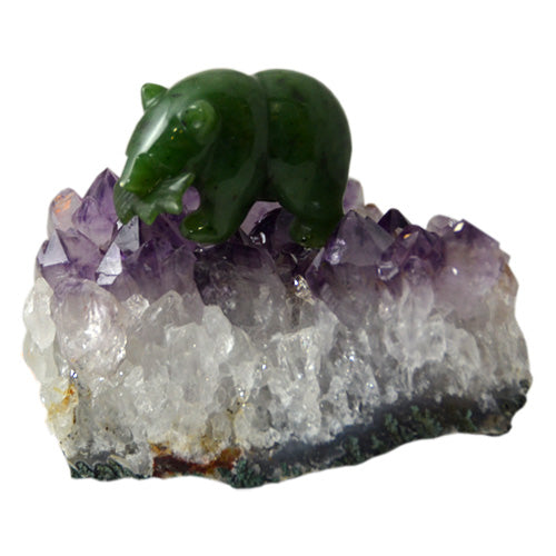 Canadian Jade - Bear holding a fish 2" on Amethyst Cluster