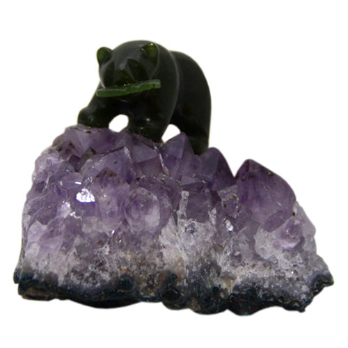 Canadian Jade - Bear holding a fish 1.25" on Amethyst Cluster