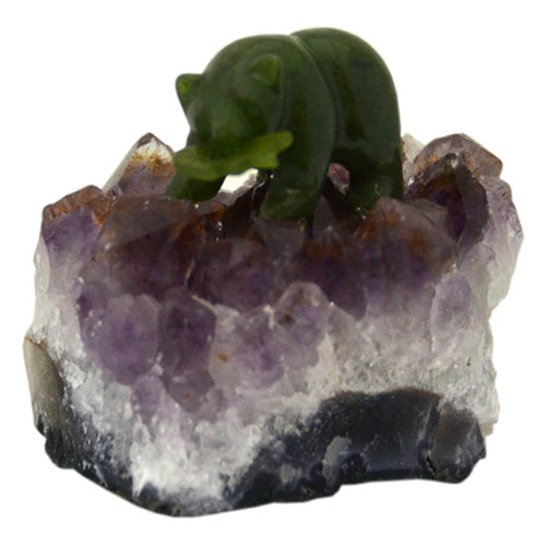 Canadian Jade - Bear holding a fish 1" on Amethyst Cluster