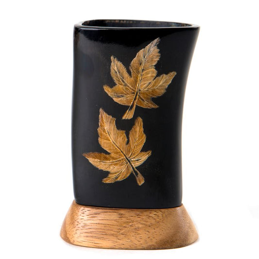 Hand Carved Buffalo Horn Pen Holder - Maple Leaf