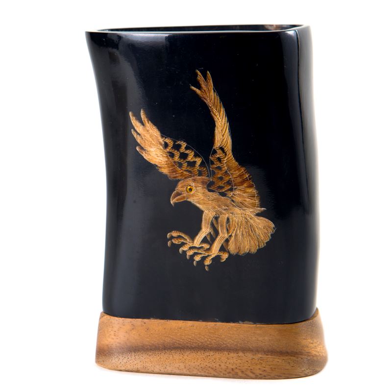 Hand Carved Buffalo Horn Pen Holder - Flying Eagle