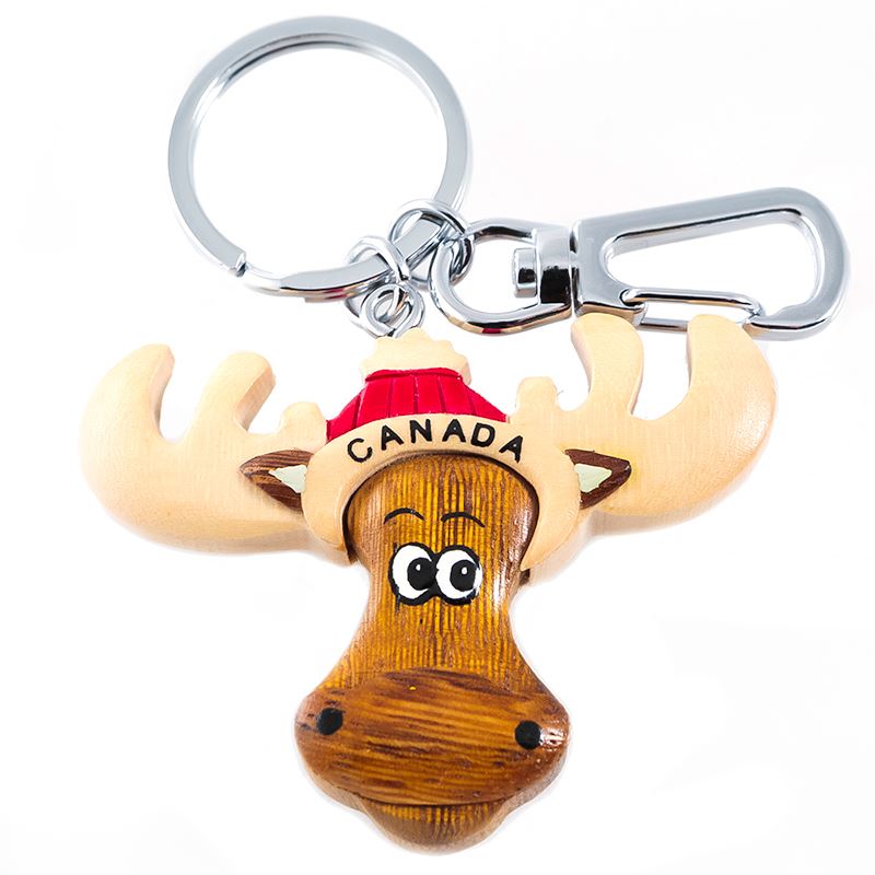 Canadian Wooden Keychain with Moose in hat