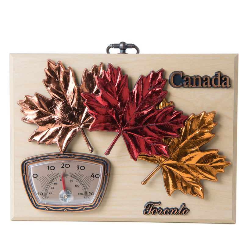 Maple Leaves Wall Plaque with Thermometer - Maple Finish - 8 x 6 inches