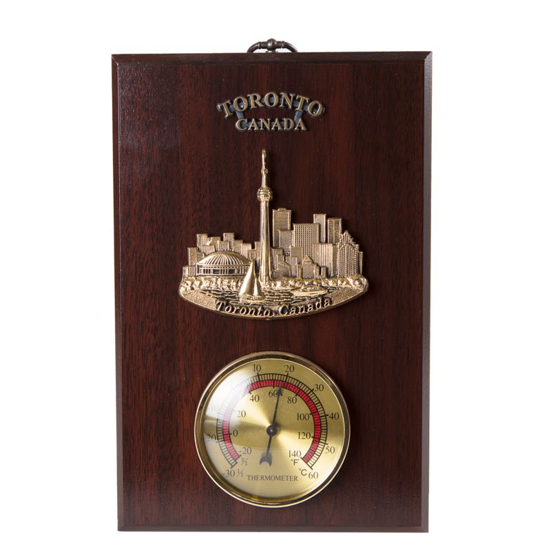 Toronto Skyline Wall Plaque with Thermometer - Cherry Finish - 9 x 6 inches