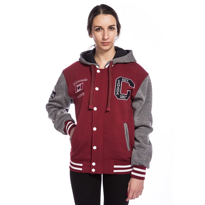 Retro Canadian-themed Varsity Jacket – Burgundy