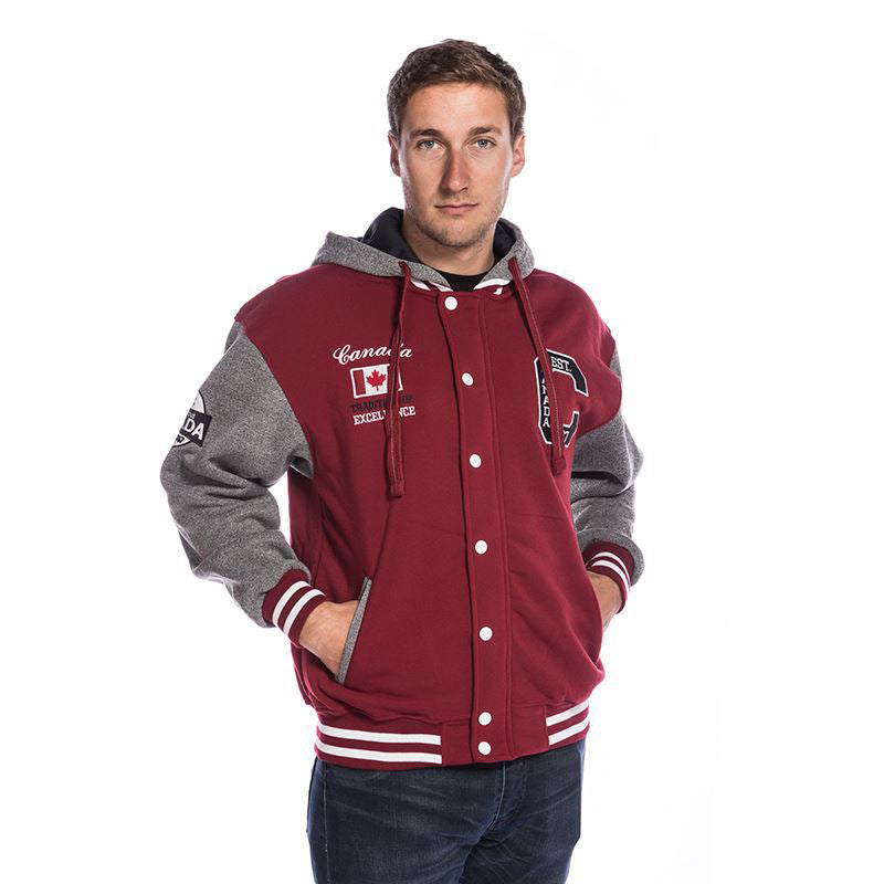 Retro Canadian-themed Varsity Jacket – Burgundy