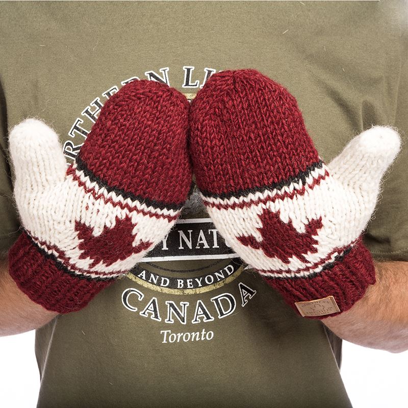 Hand Knitted Mittens with Maple Leaf