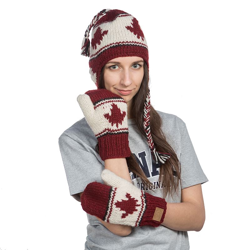 Hand Knitted Mittens with Maple Leaf