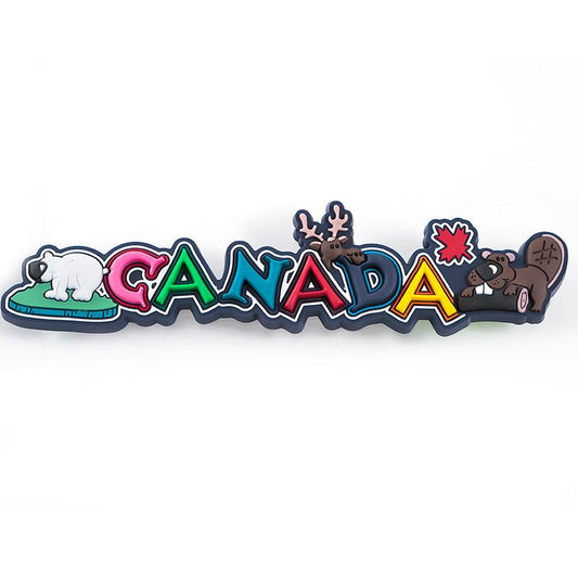 Canada Script Rubber Magnet - Moose, Beaver and Polar Bear