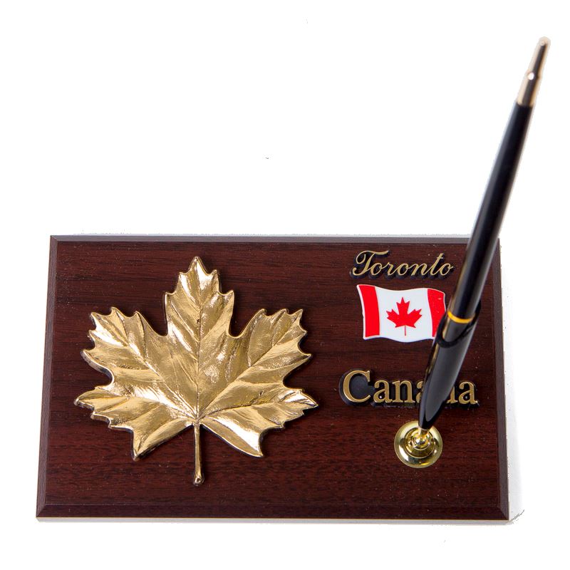 Golden Maple Leaf Wooden Pen Stand - Cherry Finish - 6 x 4 inches