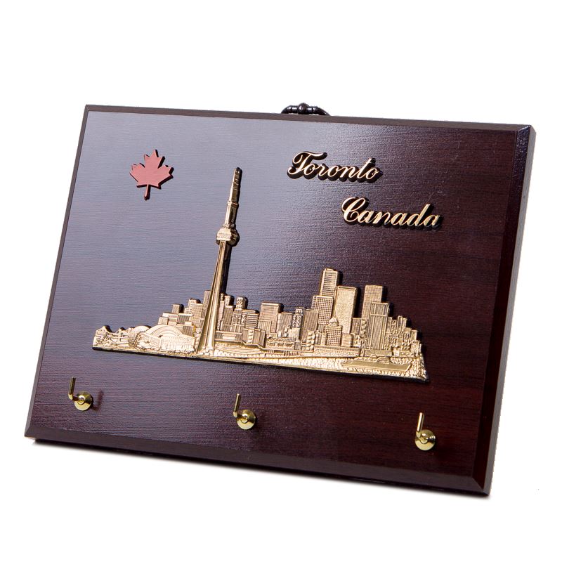 Toronto Skyline Wall Plaque with Keyholder - Cherry Finish - 8 x 6 inches