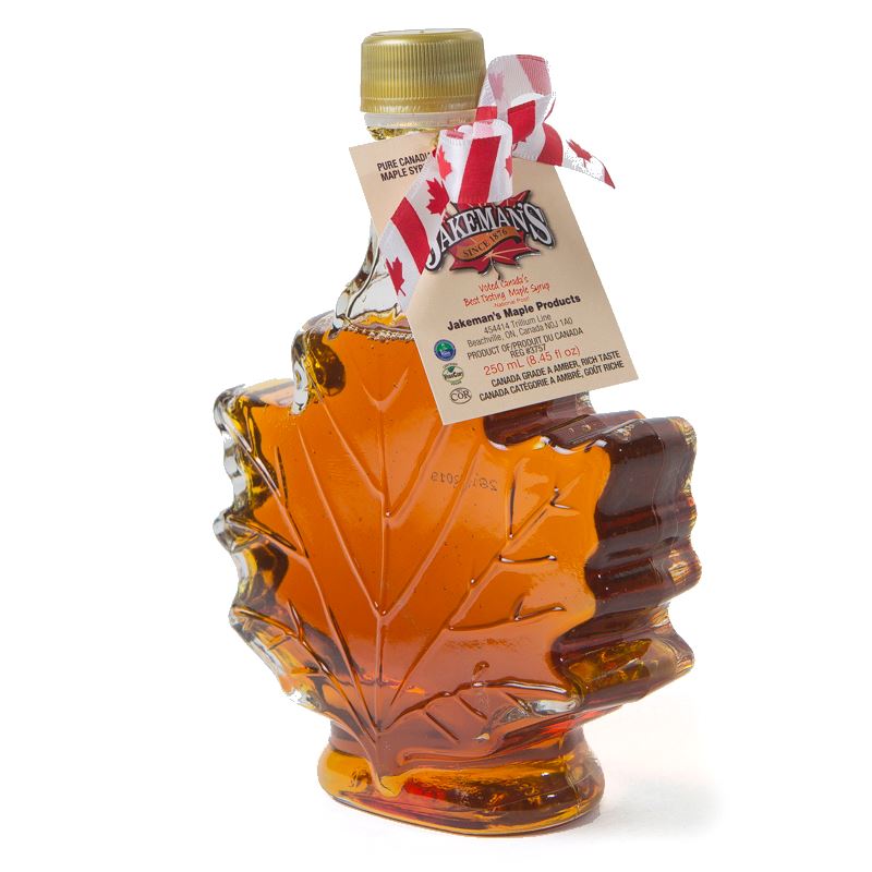 Jakeman's Pure Maple Syrup Canada Grade A Amber - 250ml Maple Leaf Glass Bottle