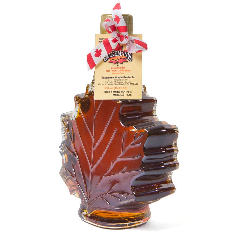 Jakeman's Pure Maple Syrup Canada Grade A Amber - 500ml Maple Leaf Glass Bottle