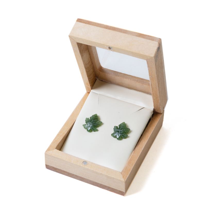 Canadian Jade Maple Leaf Stud Earrings - Silver-Plated Setting - Small