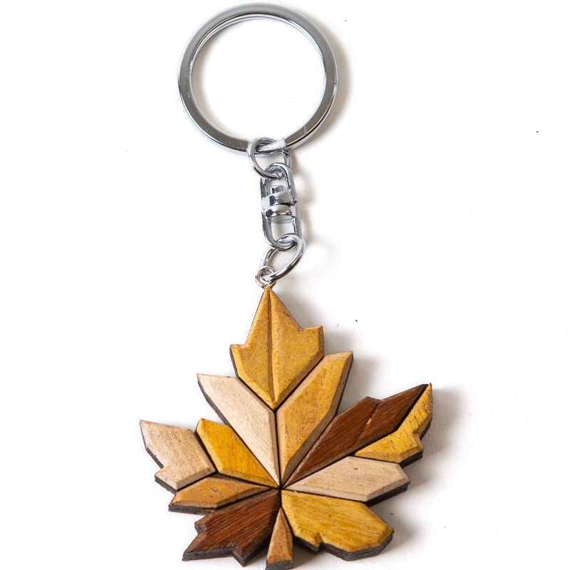 Canadian Wooden Keychain with Engraved Multicolored Canadian Maple Leaf Design