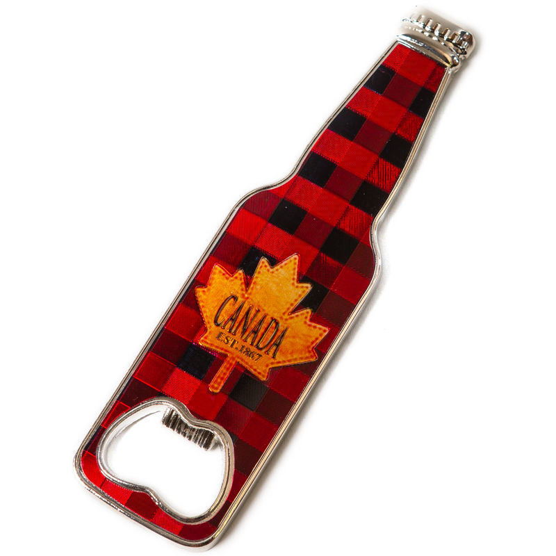 Metal Magnet Bottle Opener - Red Plaid with Maple Leaf