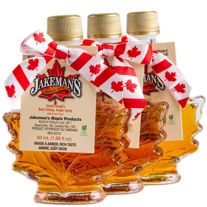 Maple Syrup in Maple Leaf Glass Bottle Canada Grade A Amber - 50ml x 3 Pack - Jakeman's Maple Products