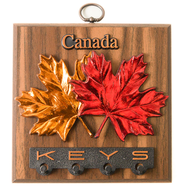 Maple Leaves Wall Plaque with Key Holder - Hickory Finish - 6 x 6 inches