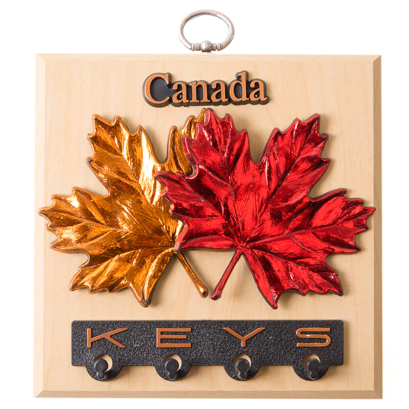 Maple Leaves Wall Plaque with Key Holder - Maple Finish - 6 x 6 inches