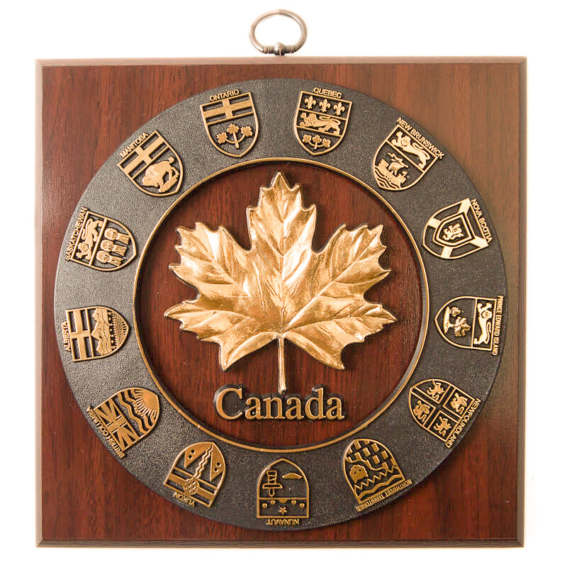 Canadian Provinces Crest Wall Plaque with Golden Maple Leaf - Cherry Finish - 8 x 8 inches