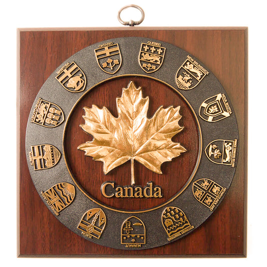 Canadian Provinces Crest Wall Plaque with Golden Maple Leaf - Cherry Finish - 8 x 8 inches