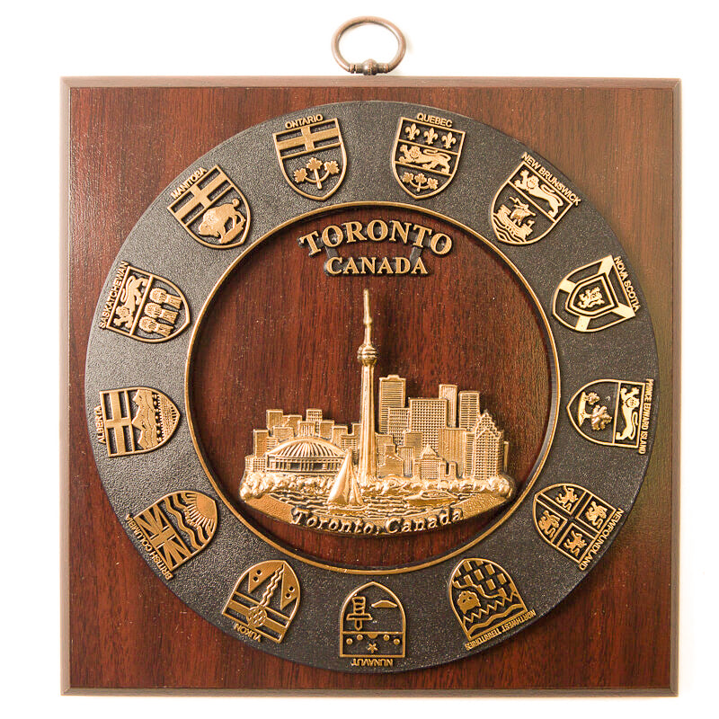 Canadian Provinces Crest Wall Plaque with Toronto Skyline - Cherry Finish - 8 x 8 inches