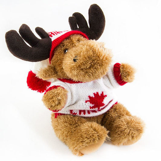 Canadian Moose Stuffed Animal in White Maple Leaf Sweater - 9"