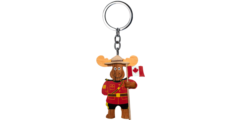 Canadian Wooden Keychain - RCMP Officer Moose with Canadian Flag