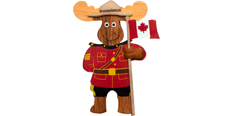 Canadian Wooden Magnet - RCMP Moose Officer with Canadian Flag