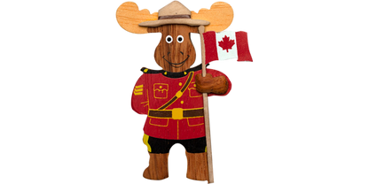 Canadian Wooden Magnet - RCMP Moose Officer with Canadian Flag