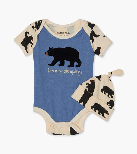 Bearly Sleeping Baby Bodysuit with Hat - Blue