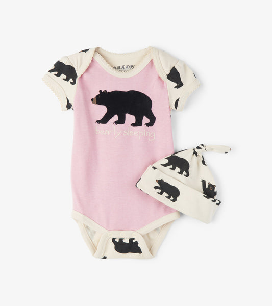 Bearly Sleeping Baby Bodysuit with Hat - Pink