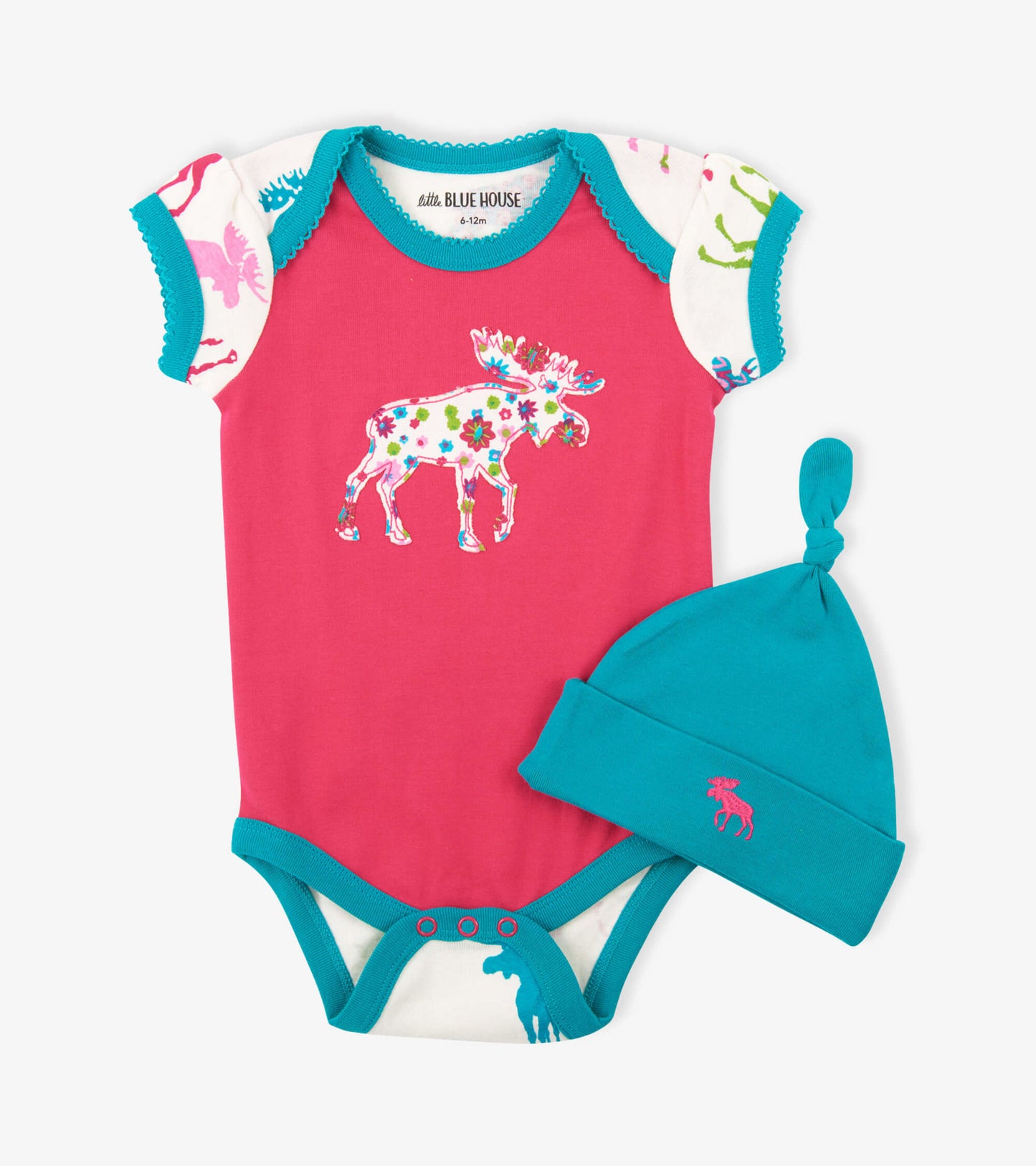 Patterned Moose on Red Baby Bodysuit with Hat