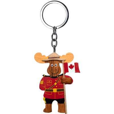 Canadian Wooden Keychain - RCMP Officer Moose with Canadian Flag